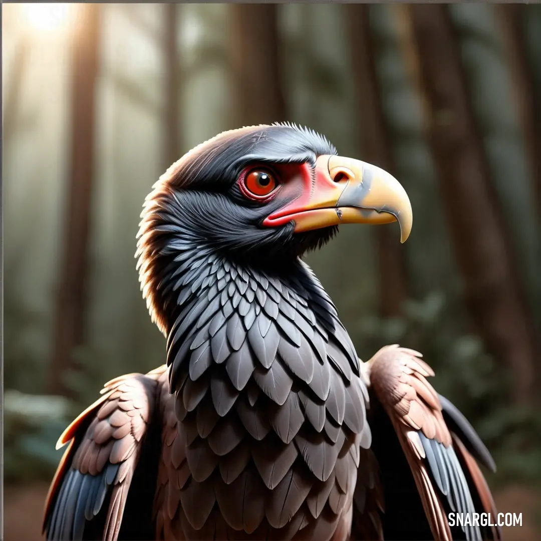Condor with a red beak and a black body and a yellow beak and a black head and a forest background