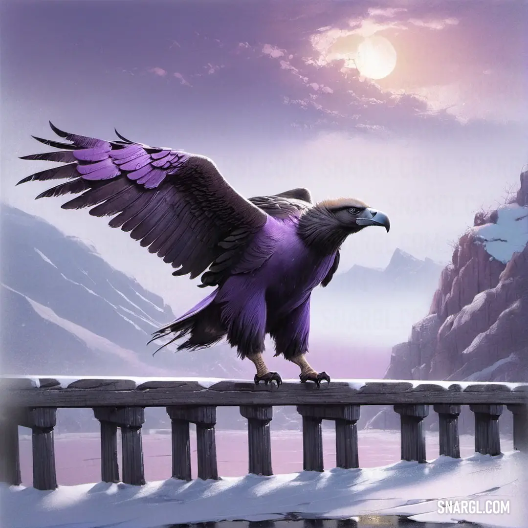 Condor with wings spread standing on a railing in the snow with mountains in the background