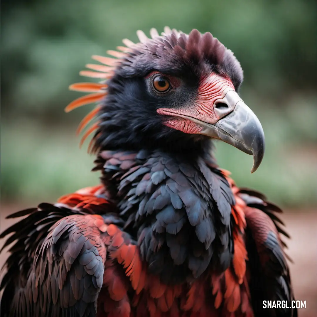 Close up of a Condor with a very colorful head and neck feathers and a black body with orange