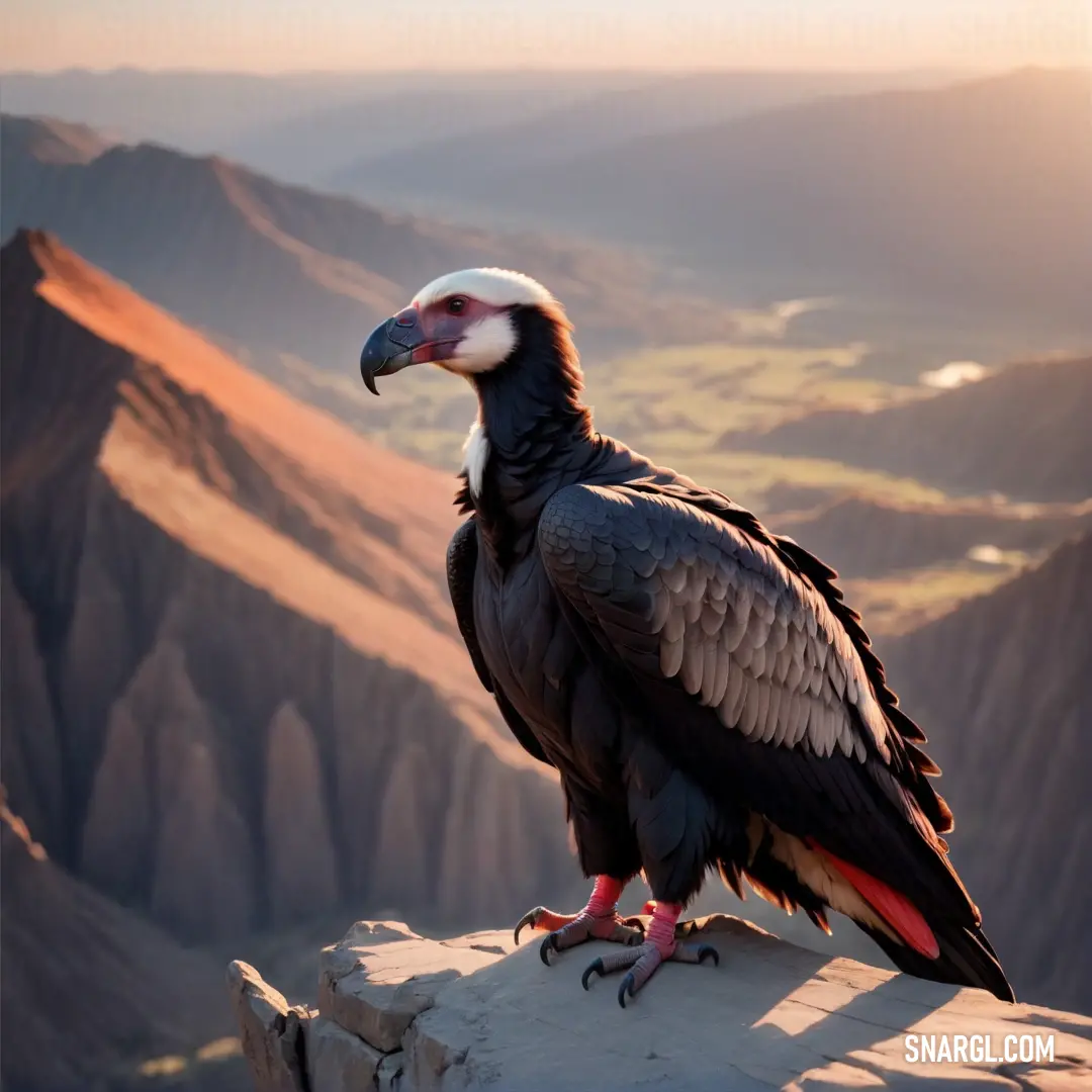 Large Condor on top of a rock near mountains and a valley in the background