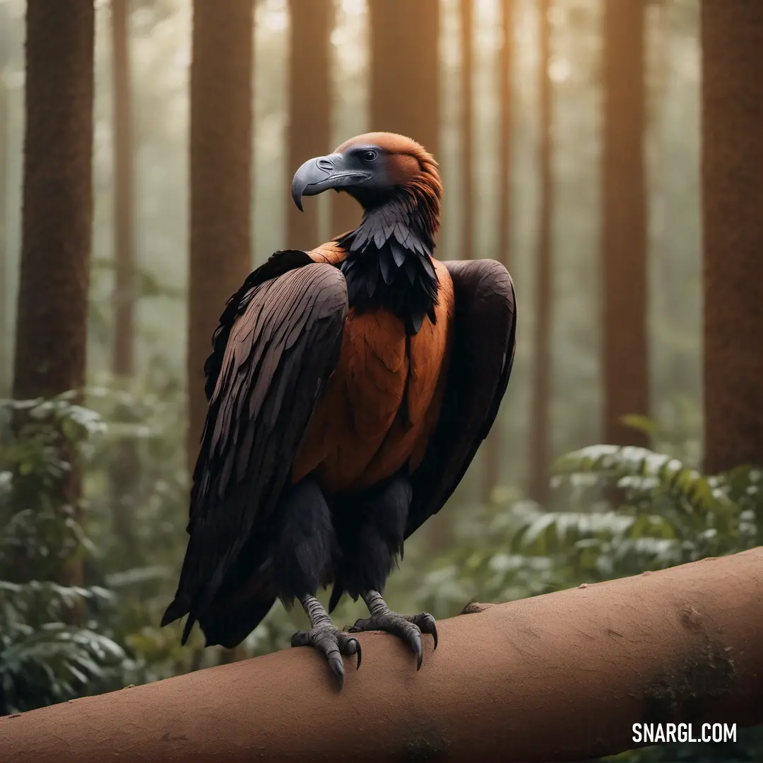 Large Condor on top of a wooden pole in a forest filled with trees and ferns