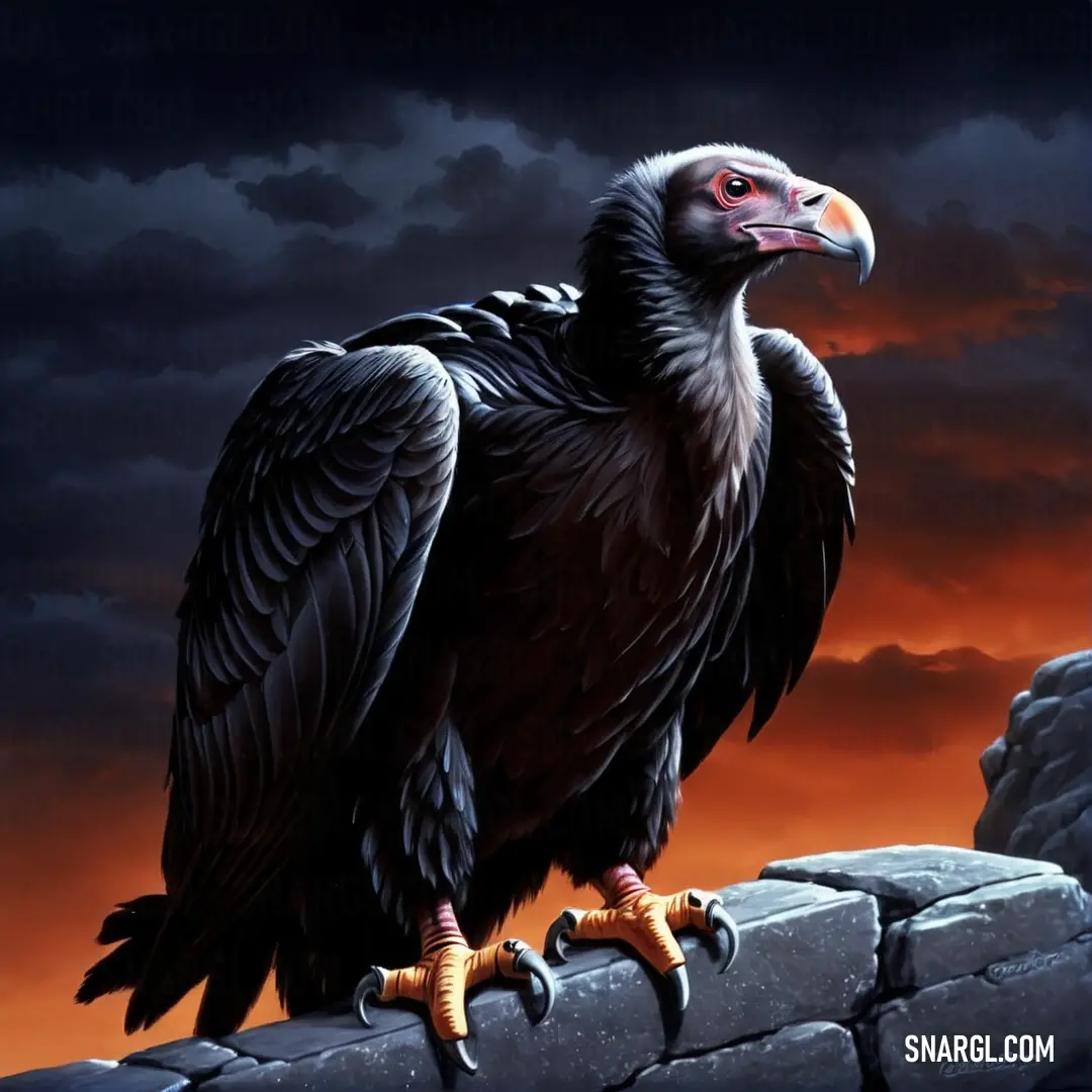 Large Condor perched on top of a stone wall under a cloudy sky with a red