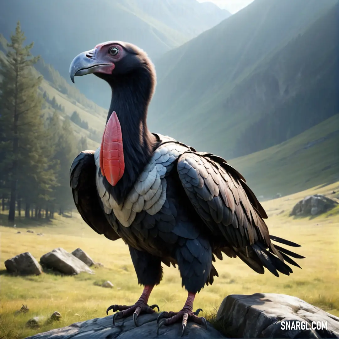 Large Condor standing on a rock in a field with mountains in the background