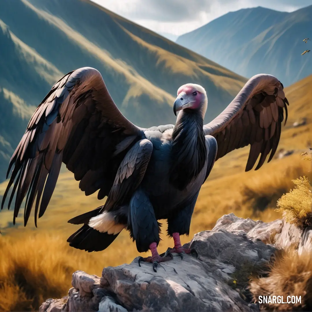 Large Condor with a large spread wings on a rock in a field with mountains in the background