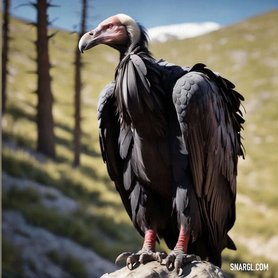 Large Condor with a long beak standing on a rock in the mountainside area of a city with trees