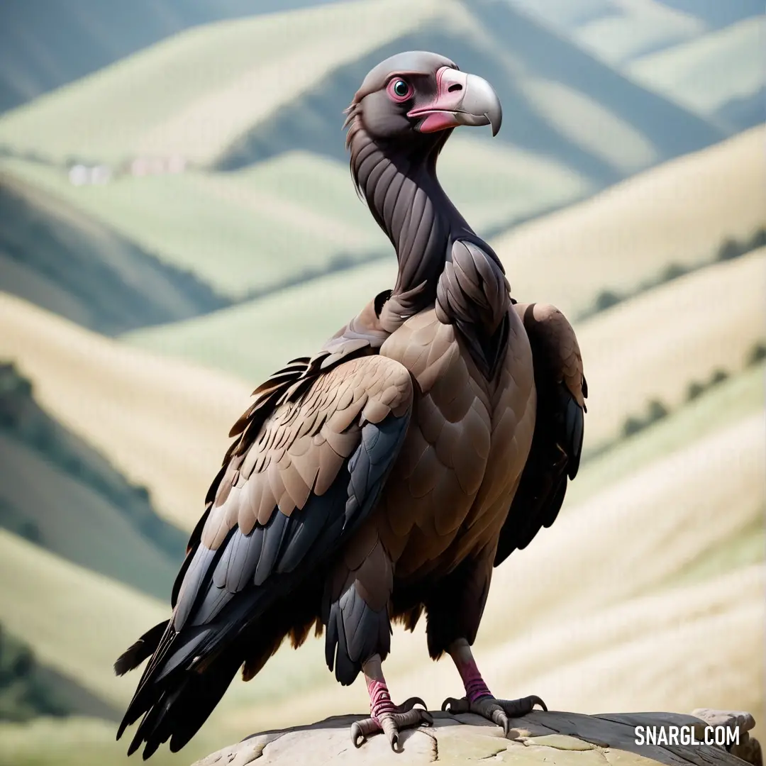 Large Condor with a long beak standing on a rock in a field of grass and hills in the background