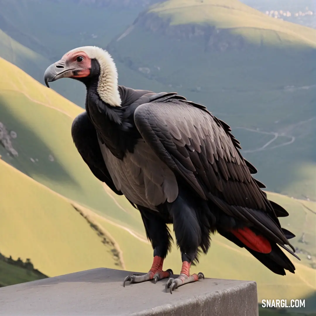 Large Condor with a long beak standing on a ledge in front of a mountain range with a valley in the background