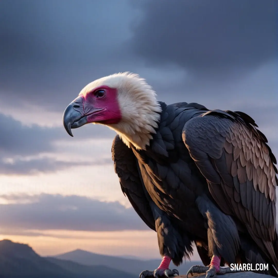 Large Condor with a pink head and white beak standing on a rock with mountains in the background
