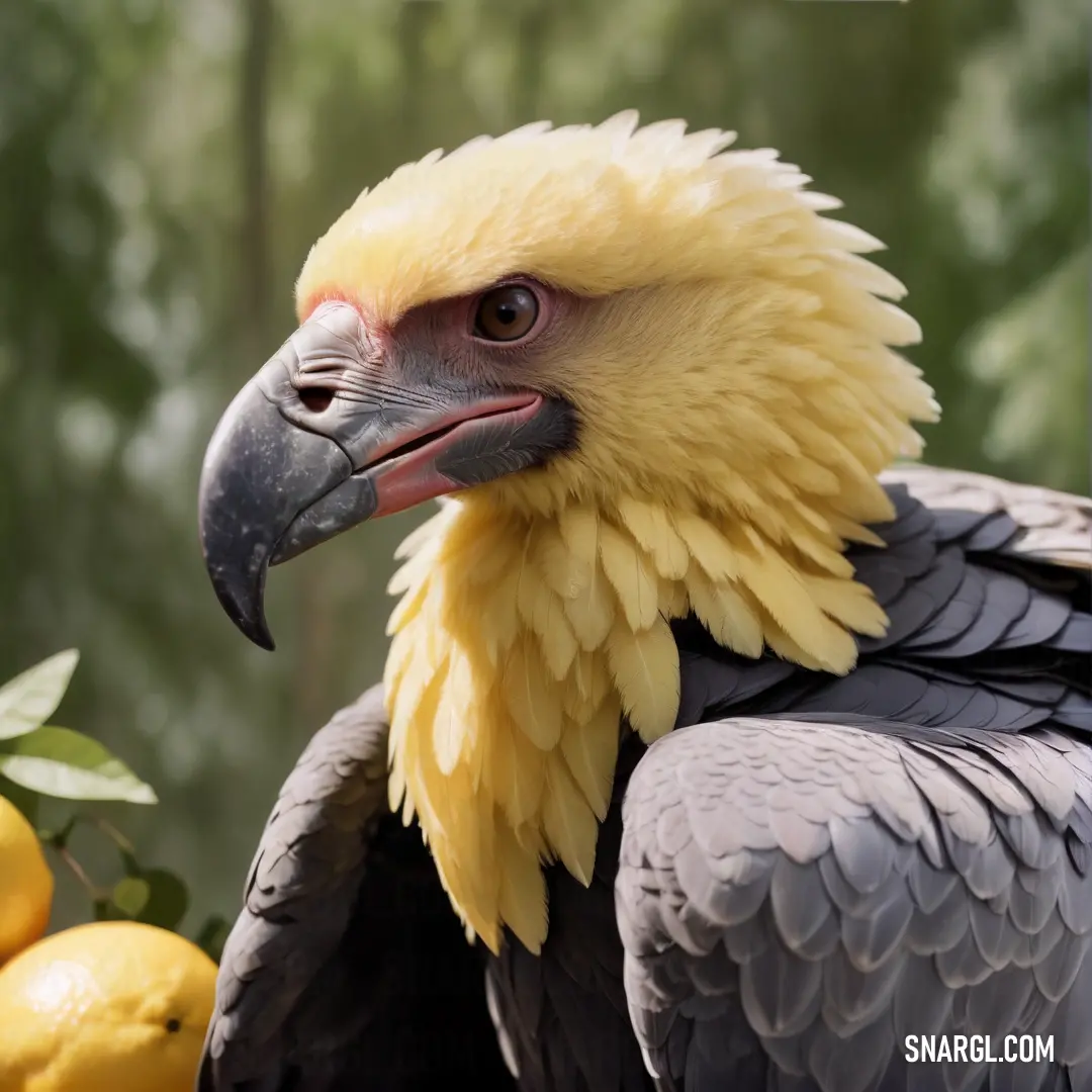 Large Condor with a yellow head and black wings next to lemons and trees in the background