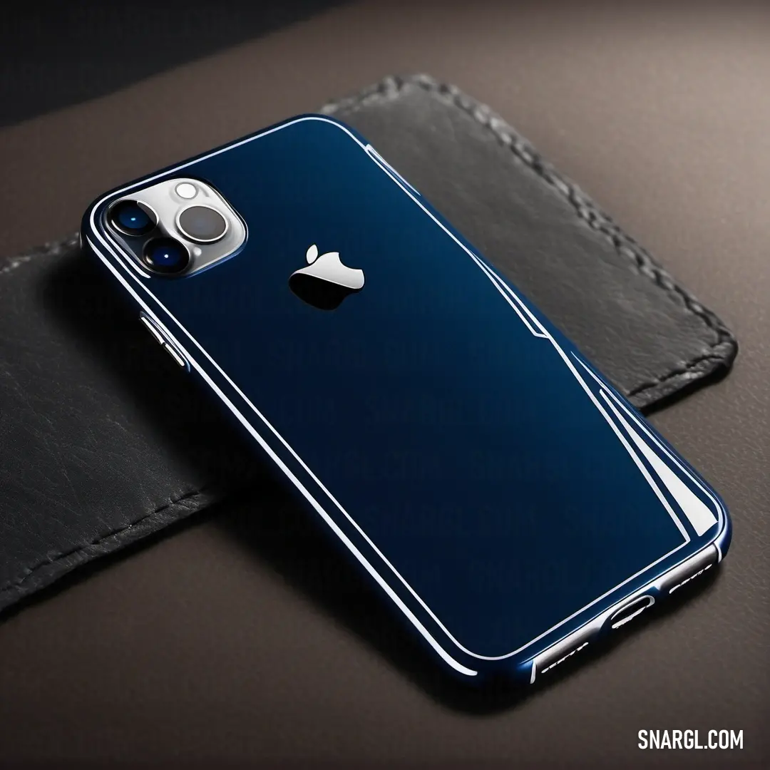 Blue iphone case on top of a black leather wallet on a table next to a black wallet. Example of Cool black color.