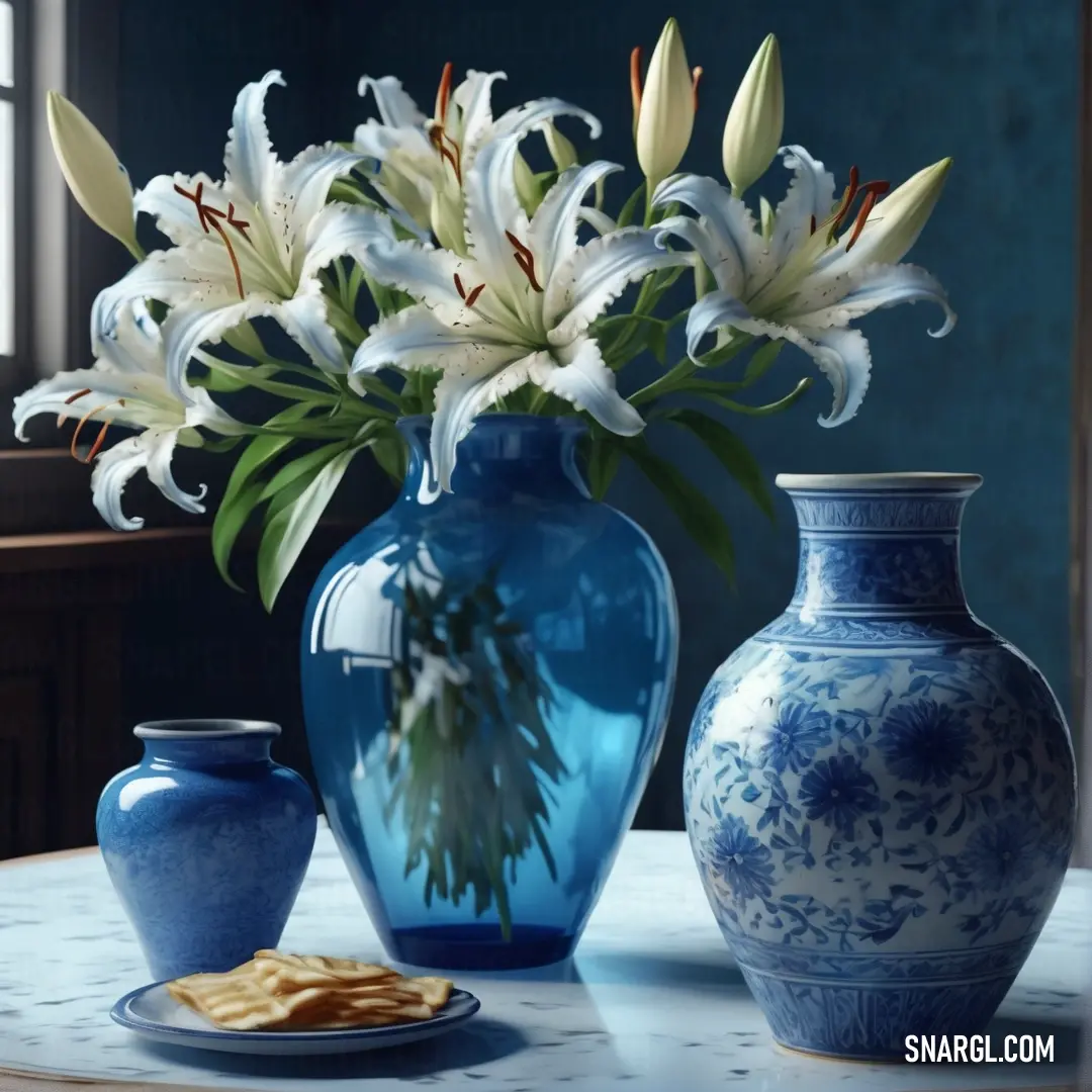 Blue vase with white flowers in it on a table with a plate and a blue vase. Color RGB 0,46,99.