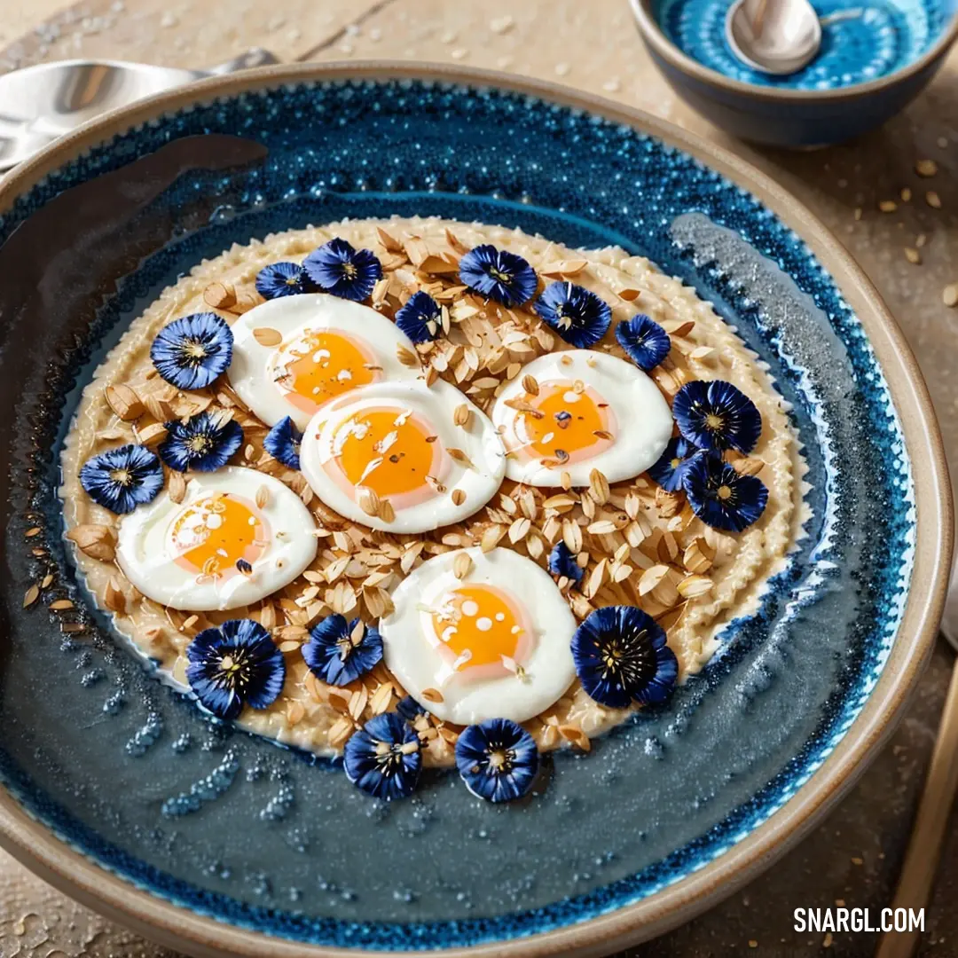 Bowl of oatmeal with eggs and blue flowers on it with a spoon and spoon rest on the side