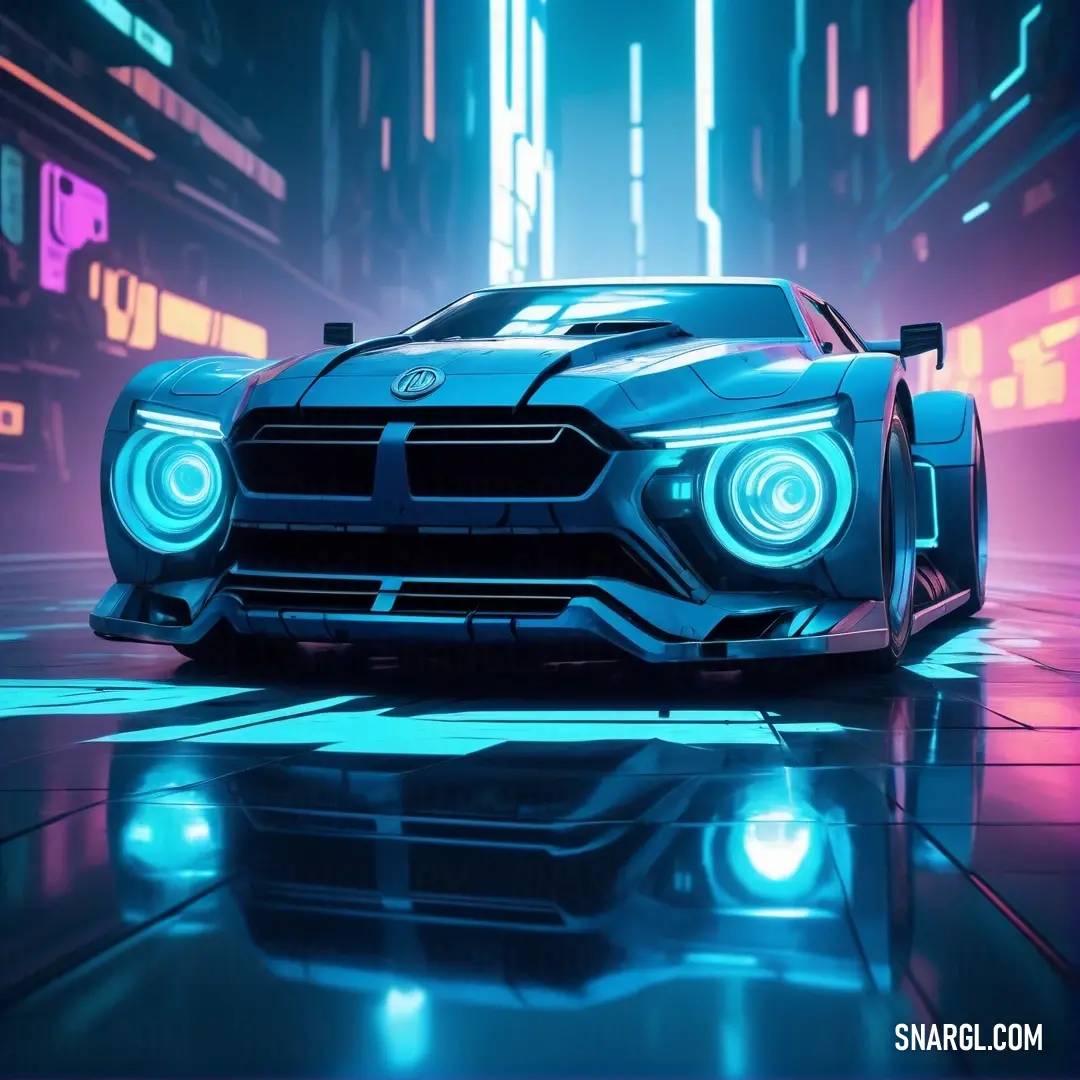 Car in a futuristic city with neon lights on the hood and headlights on the front of it. Color Cool black.