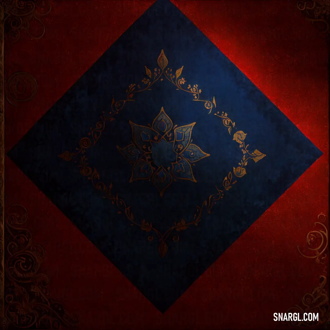 Blue and red square with a gold design on it's center piece. Color #002E63.