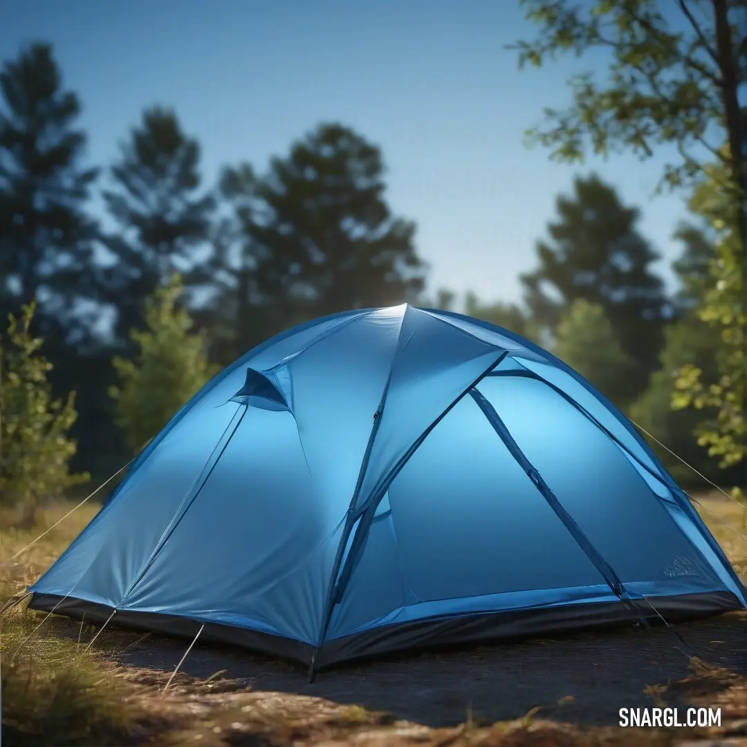 Blue tent in the middle of a forest with trees in the background. Color Cool black.