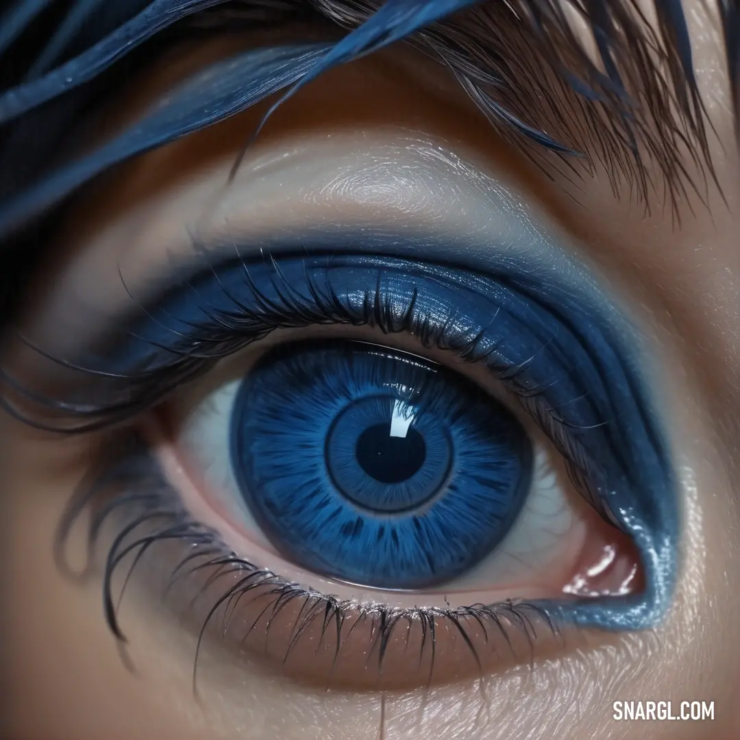 Close up of a blue eye with long lashes and a blue eyeliner. Color RGB 0,46,99.