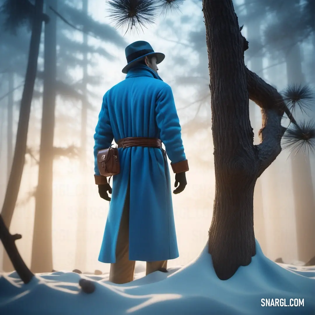 Man in a blue coat and hat standing in the snow near a tree. Example of #002E63 color.