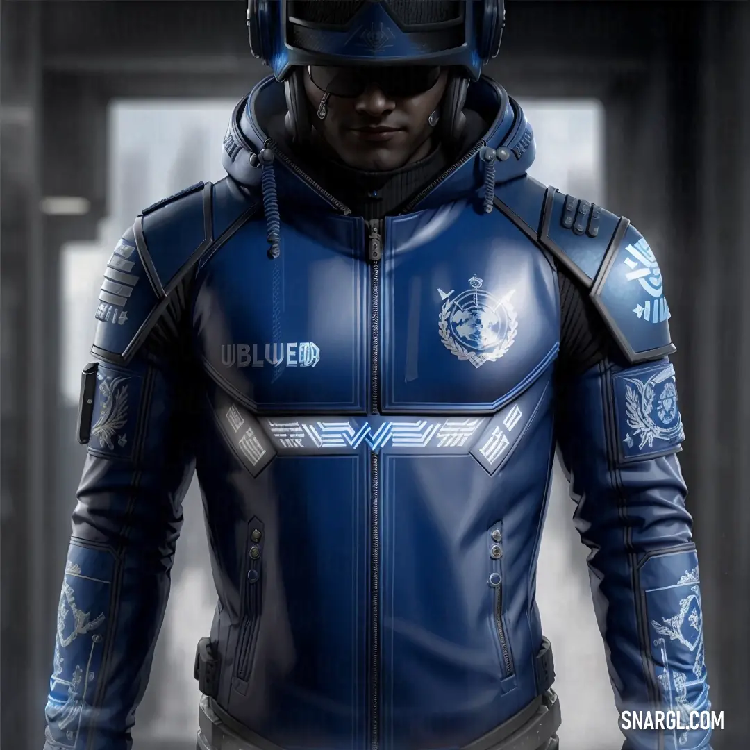 Man in a blue leather jacket with a helmet on his head. Color Cool black.