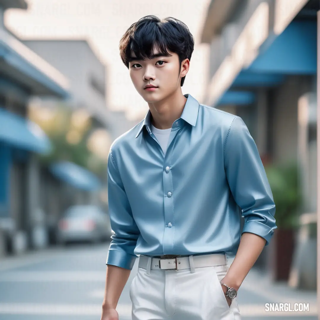 A man in a blue shirt and white pants stands confidently on a sidewalk, hands casually tucked in his pockets. The urban setting and soft lighting highlight his relaxed stance, and the combination of colors creates a harmonious contrast against the surroun