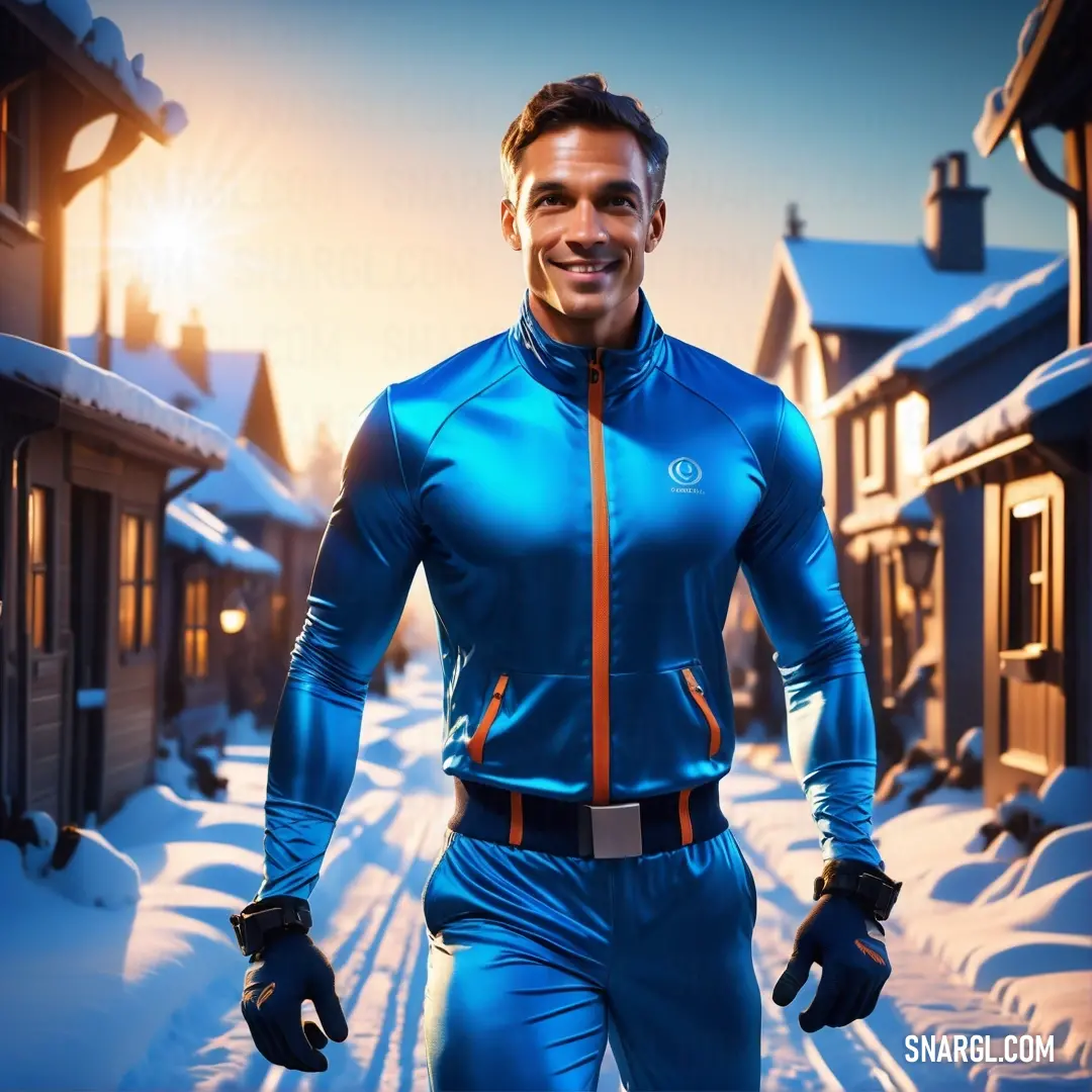 Cool black color. Man in a blue suit is walking through the snow in front of a house and a street with snow covered houses