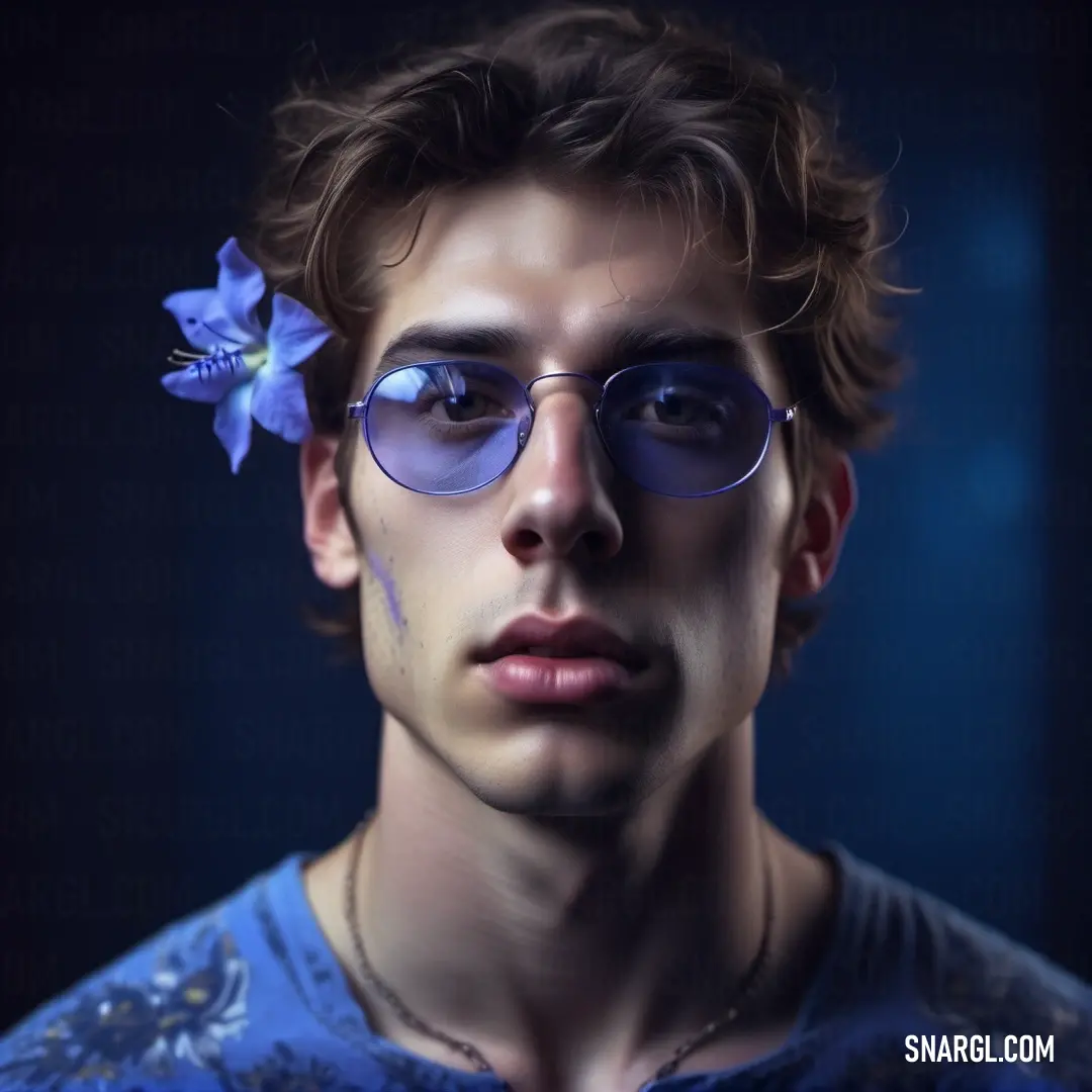 Man with a flower in his hair wearing sunglasses and a blue shirt. Example of #002E63 color.