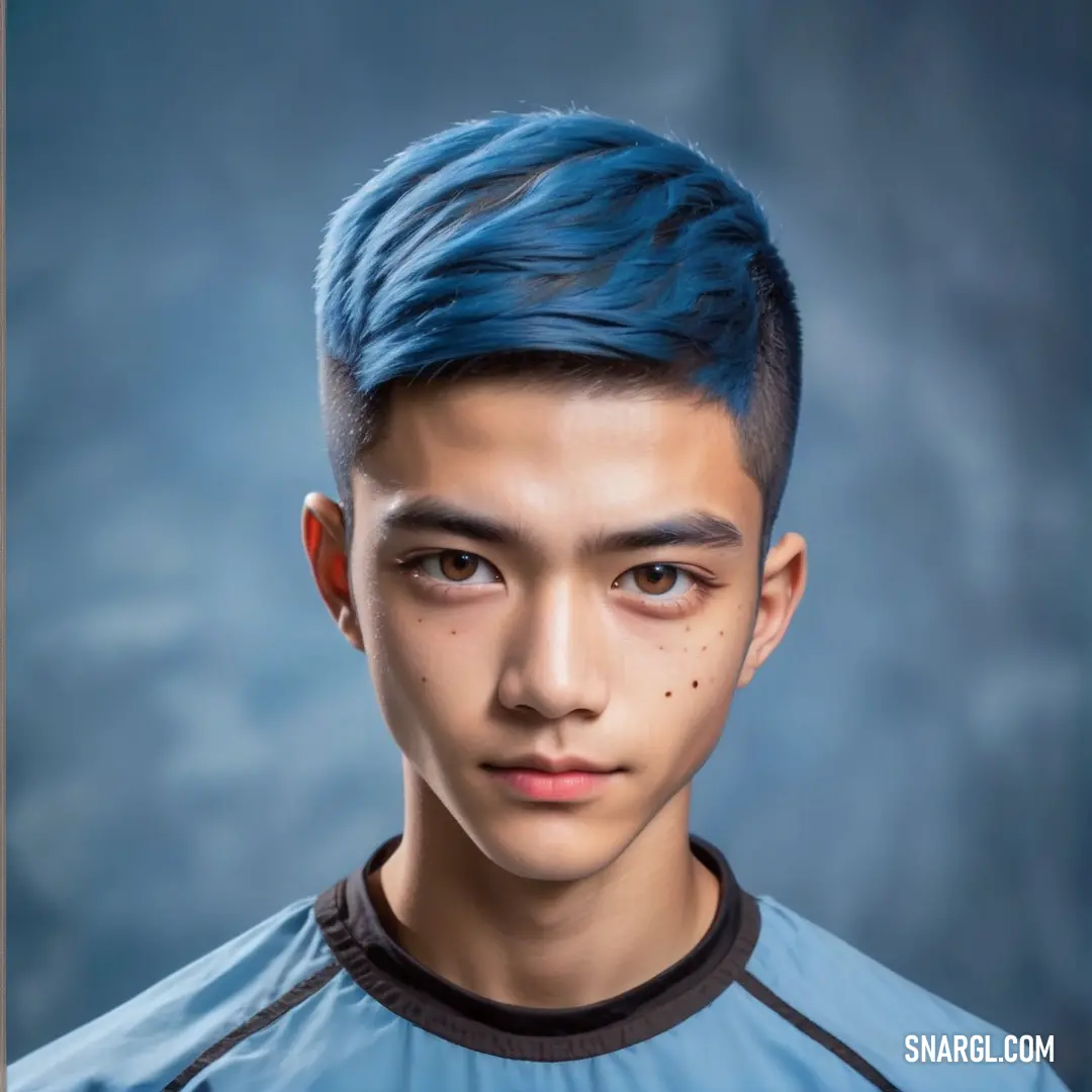 A man with blue hair and a blue shirt stands against a blue background. The monochromatic color scheme creates a striking, cohesive look, with the cool tones of his outfit and the backdrop blending seamlessly. His calm demeanor adds a touch of tranquility