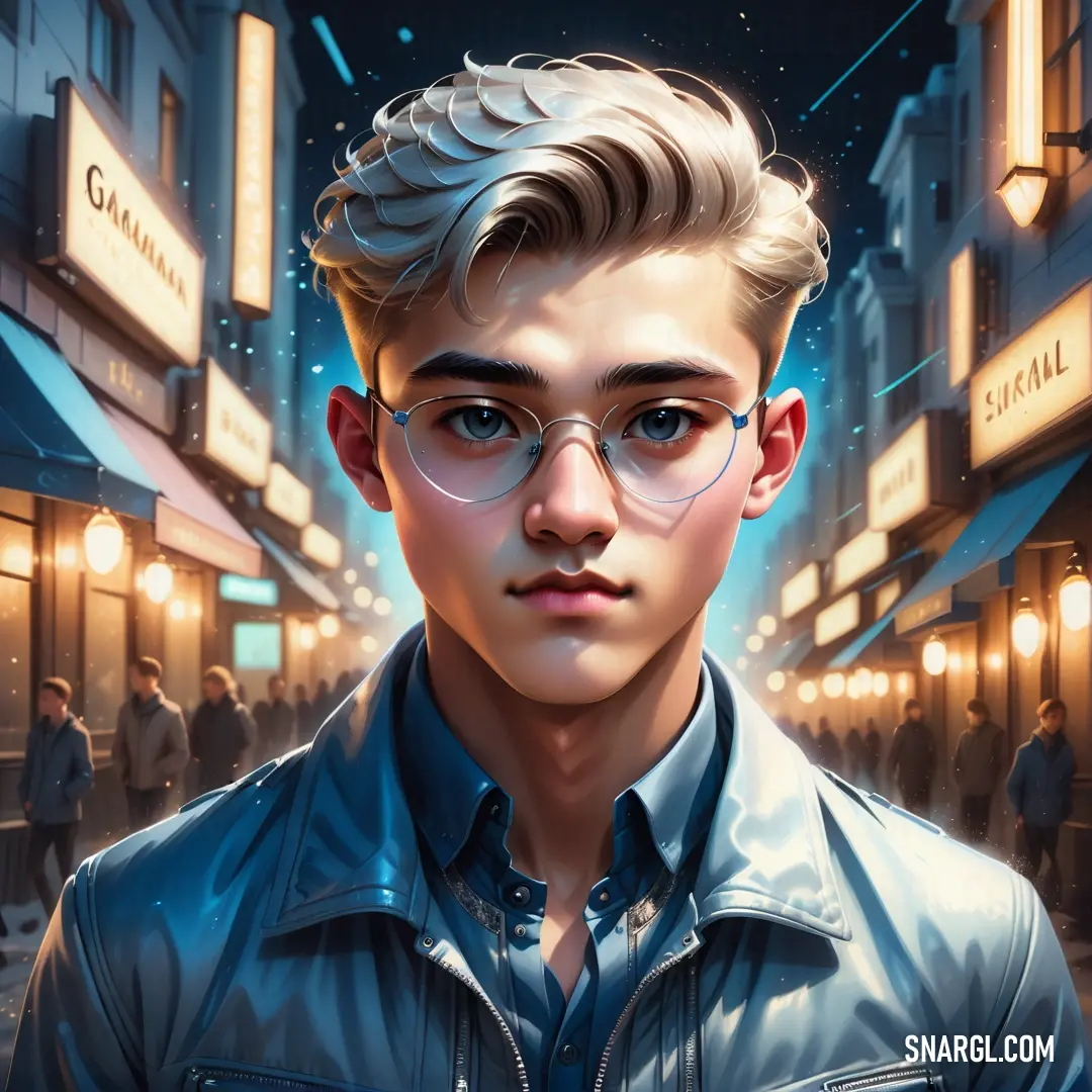 A man with glasses stands in front of a building at night, with a streetlight casting a soft glow in the background. The dark tones of the setting and the cool hues of his outfit create a mysterious and contemplative atmosphere, making for a dramatic, moo