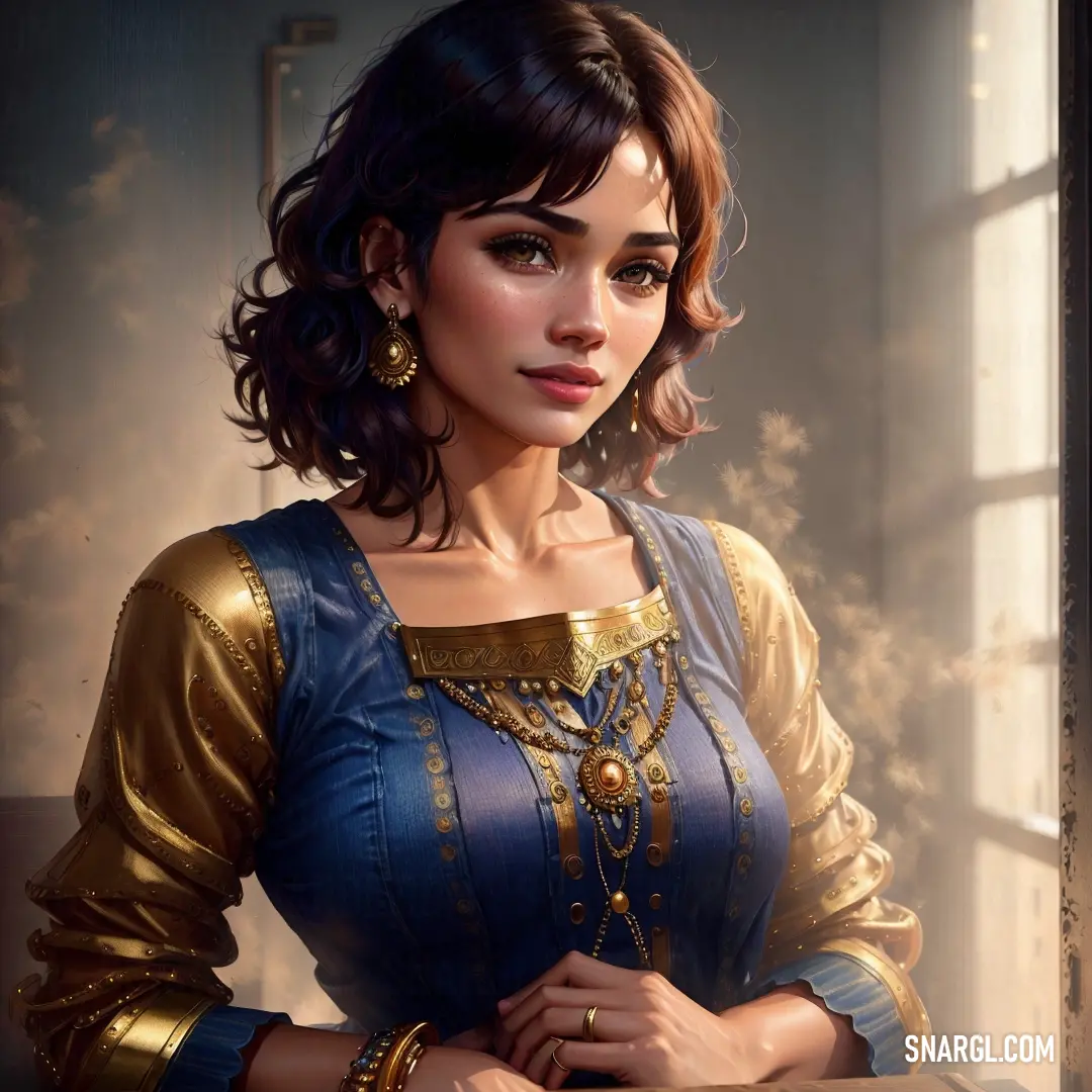 A woman in a flowing blue dress stands by a window, the light casting a soft glow on her as she gazes thoughtfully out. A golden dress decoration on her chest adds a touch of elegance, enhancing the peaceful aura of the moment.