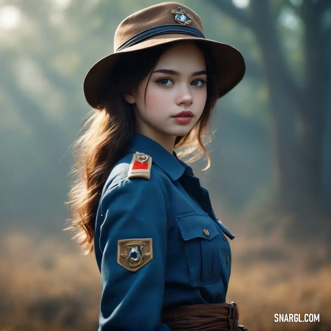 A woman stands tall in a military uniform, surrounded by tall trees and a rich forest backdrop. The soft, earthy colors of the forest complement the striking uniform, creating a harmonious yet powerful visual.