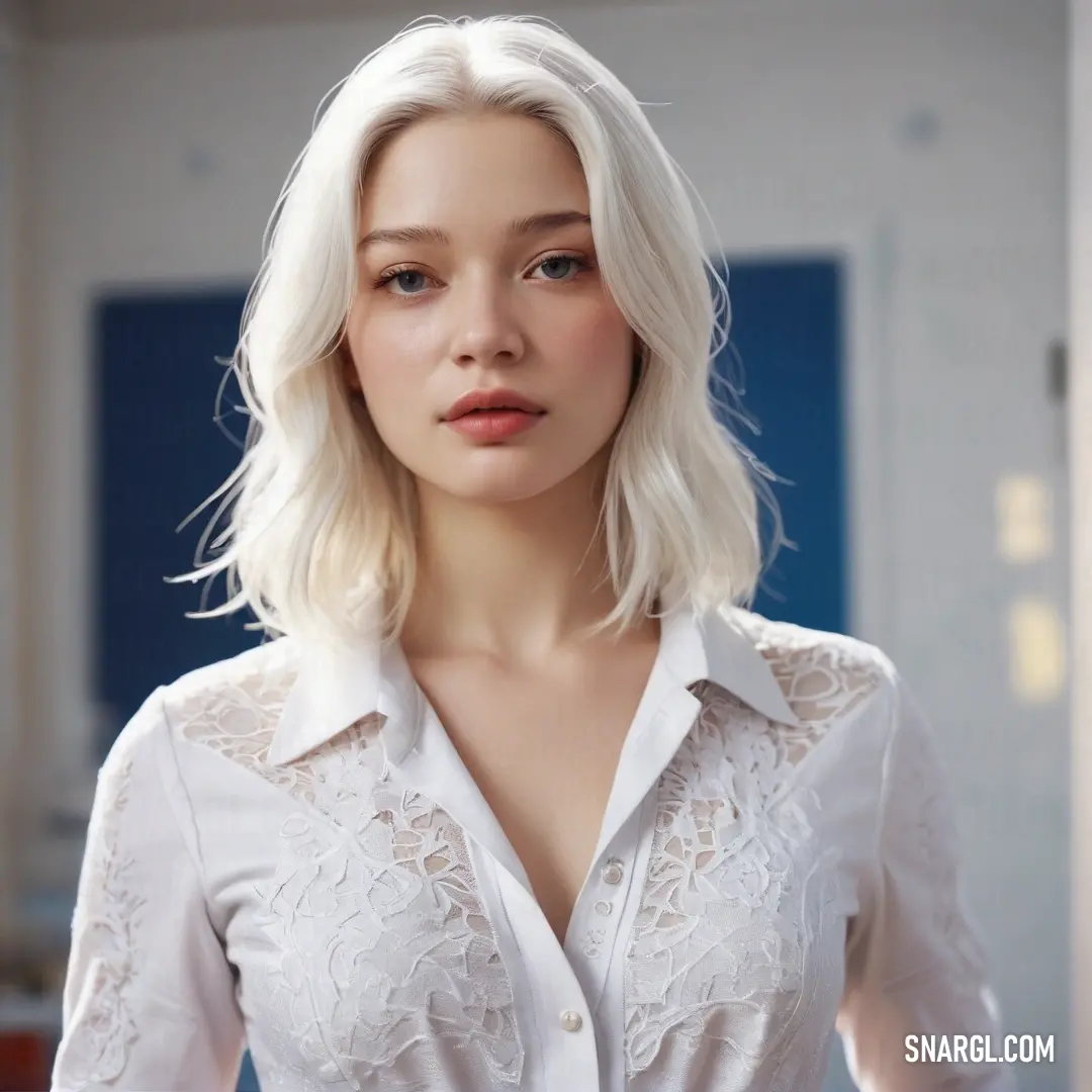 A woman with vibrant blonde hair poses gracefully in a cozy room adorned with blue doors, her white shirt contrasting beautifully with the warm surroundings that evoke a sense of tranquility.