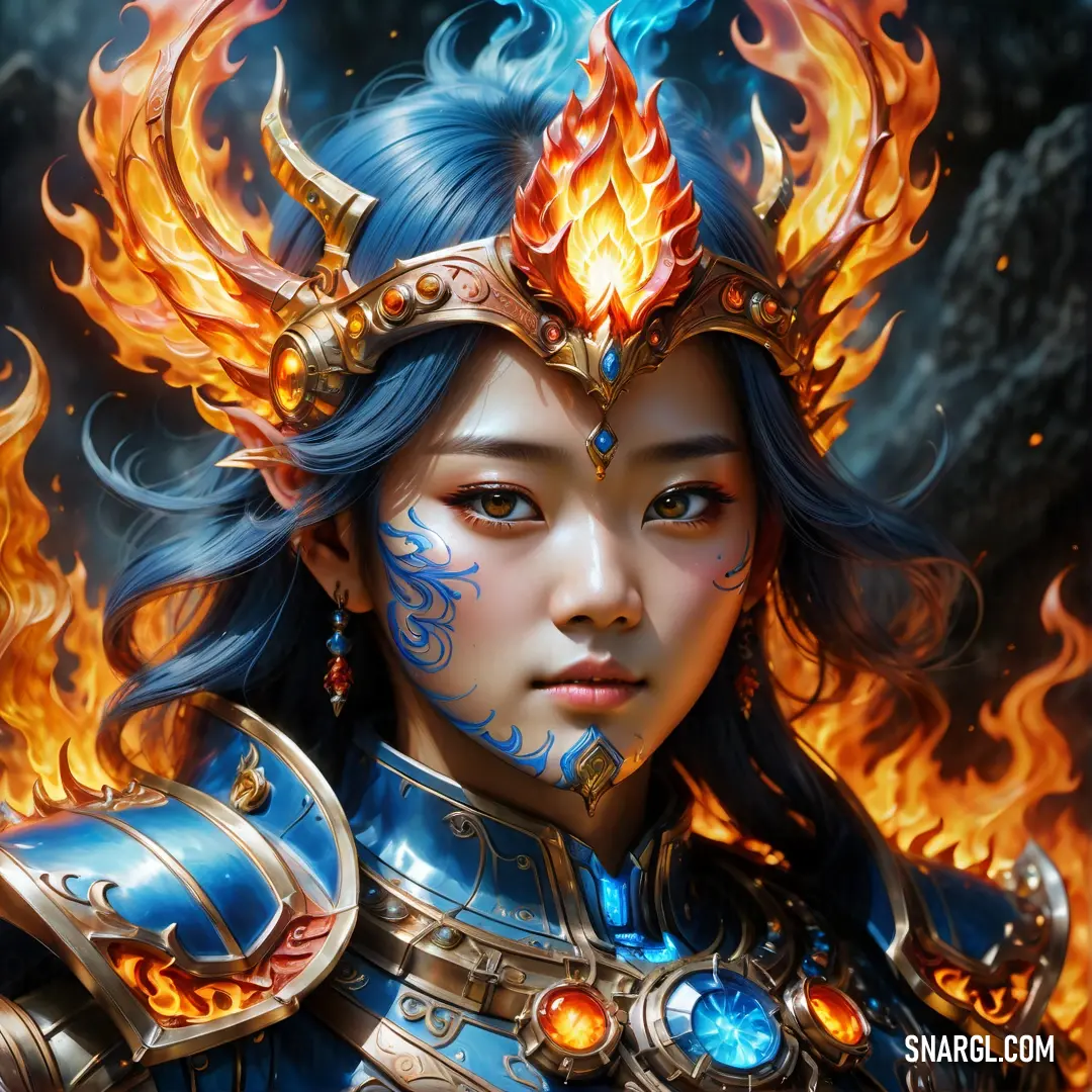 Woman with blue hair and a fire helmet on her head and a fire on her face. Color #002E63.