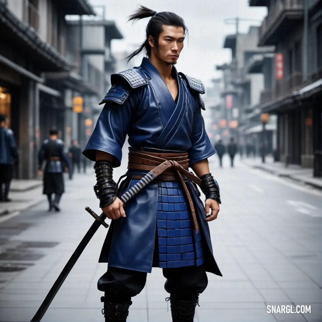Man in a blue outfit holding a sword on a street corner with people walking by on the sidewalk. Color #002E63.