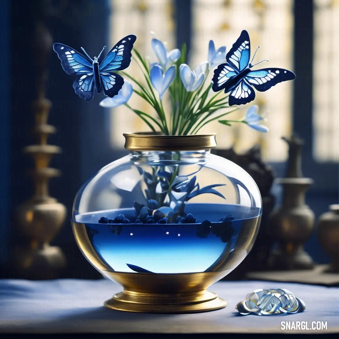 Vase with a plant and some butterflies in it and a coin on the table next to it and a window. Example of Cool black color.