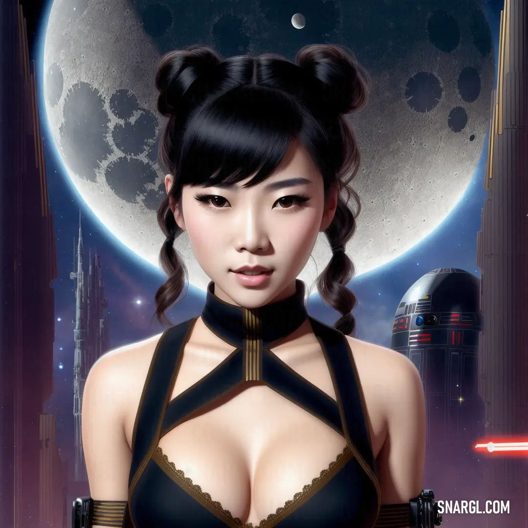 A woman dressed in a black bra top, complete with a Star Wars-inspired costume, holds a gun in hand, standing against the backdrop of a full moon. The dark, moody tones of her attire complement the mysterious atmosphere of the scene.