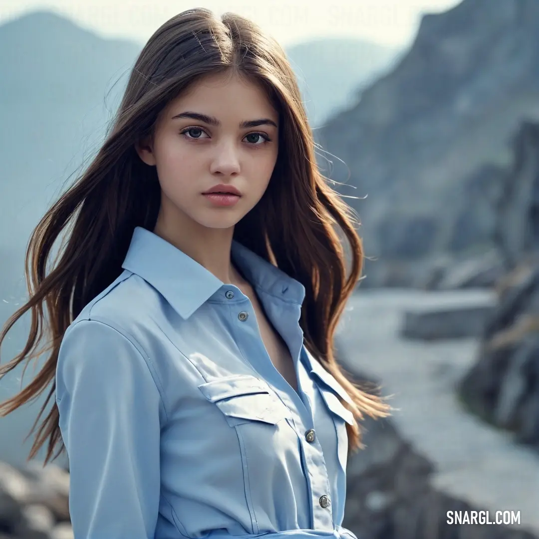 A woman in a casual blue shirt and jeans poses joyfully in front of a breathtaking mountain range and a serene river, her smile a perfect reflection of the amazing scenery that surrounds her.