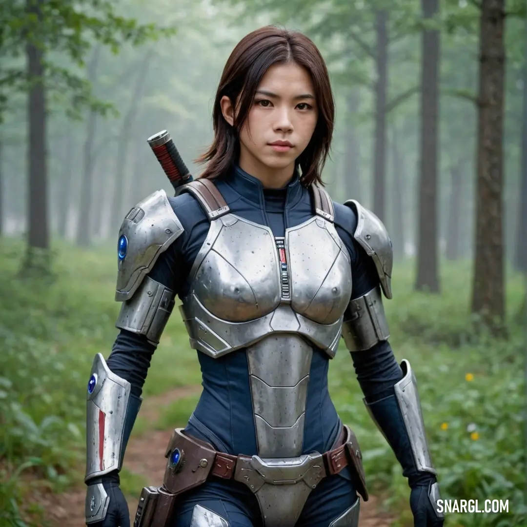 Woman in a futuristic suit is walking through the woods with a sword in her hand and a helmet on her head. Color Cool black.