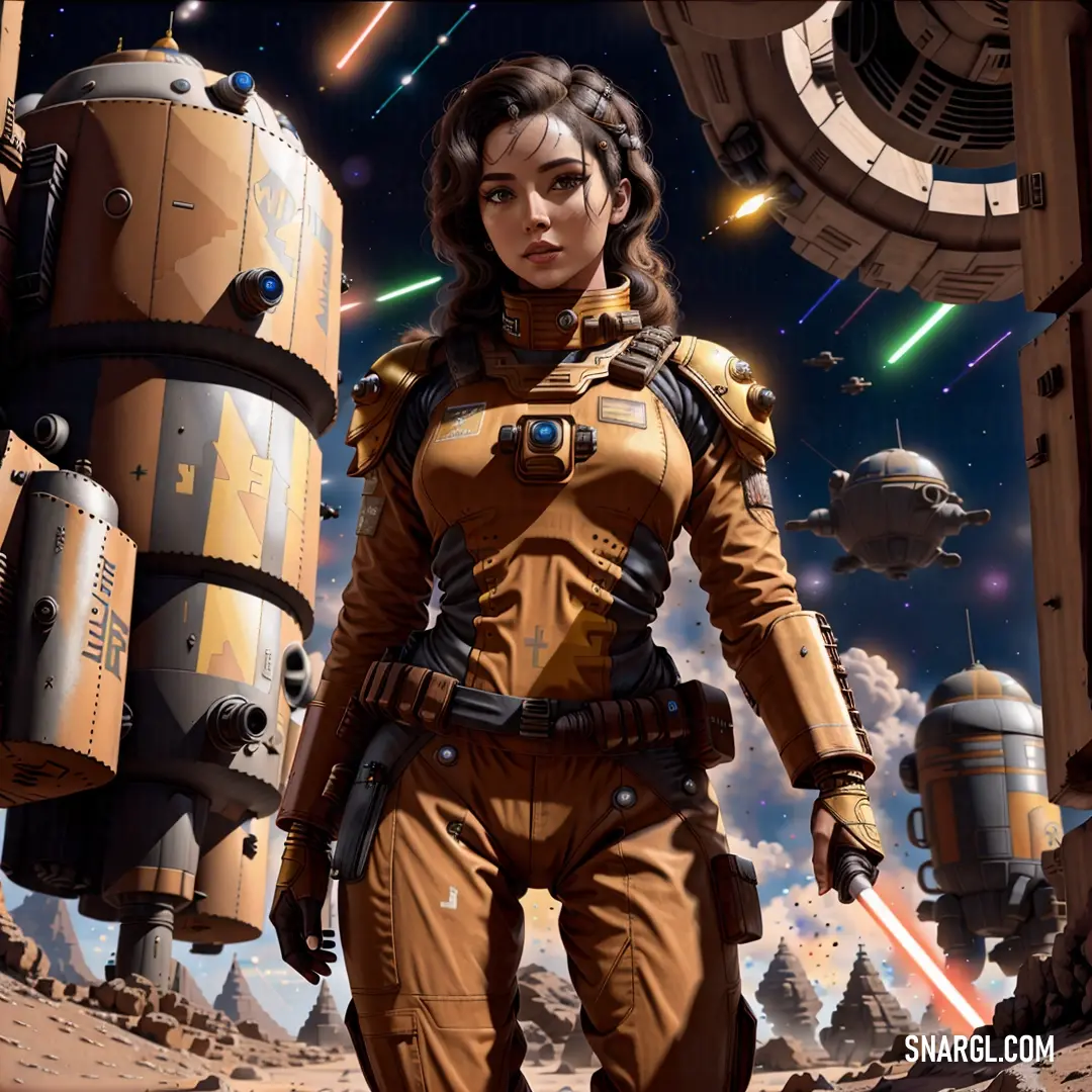 A woman in a futuristic Star Wars-inspired outfit, walking confidently toward a robot with a space station looming in the background. The cool, black tones of her attire contrast with the high-tech elements, creating a cinematic feel.