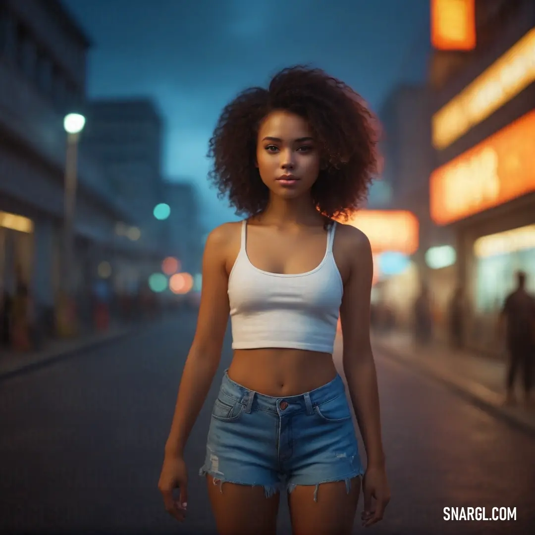 A woman in a chic white tank top and blue shorts stands confidently on a lively street at night, illuminated by city lights that dance in the background, capturing the essence of urban life.