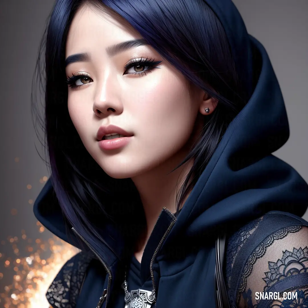 Woman with blue hair and a hoodie on her head and a black dress on her shoulders and a black lace top