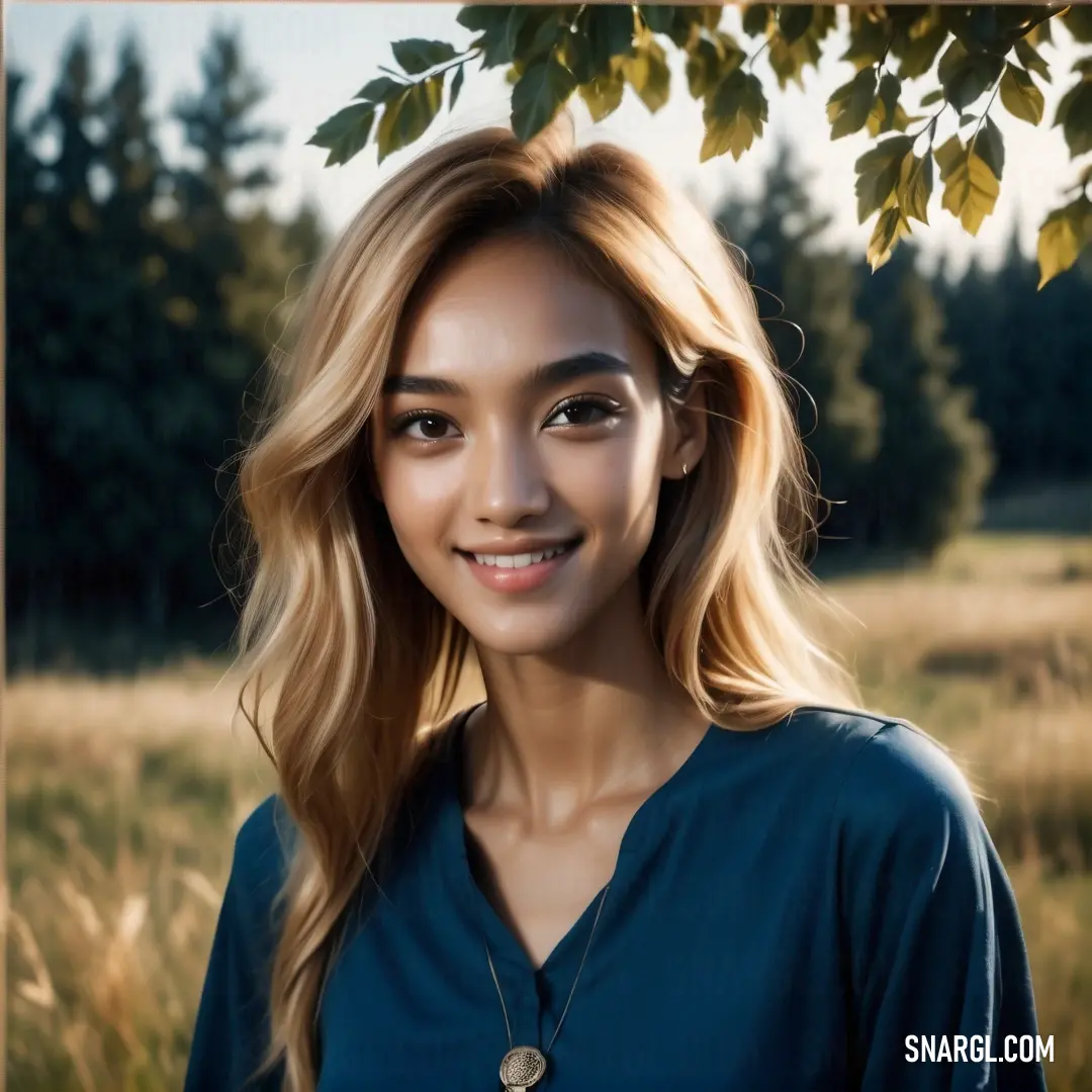 Woman with long blonde hair standing in a field of grass and trees. Example of CMYK 100,54,0,61 color.