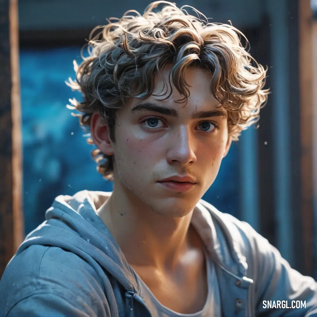 A young man with curly hair, dressed in a stylish hoodie, gazes intensely at the camera, exuding an aura of confidence and seriousness against a playful black backdrop.