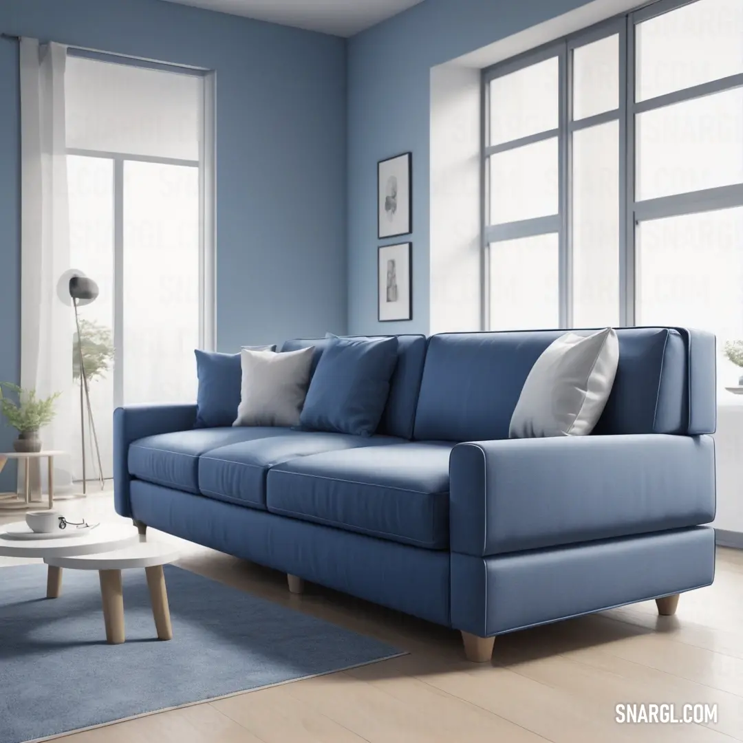 Blue couch in a living room with a blue rug and a table with a vase on it and a window behind it. Example of #8C92AC color.