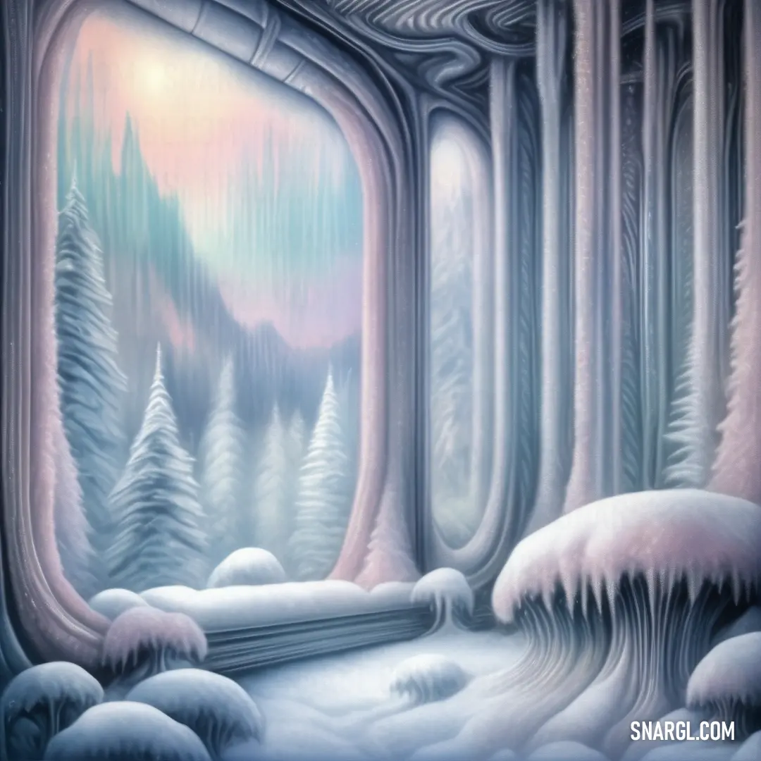 Painting of a snowy landscape with a window and trees in the background. Example of RGB 140,146,172 color.