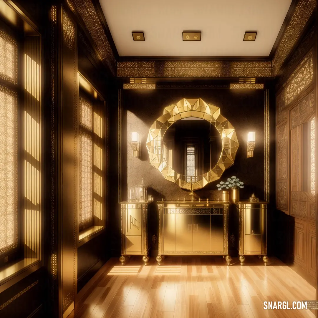 Bathroom with a gold vanity and a mirror on the wall and a wooden floor with a window and a door