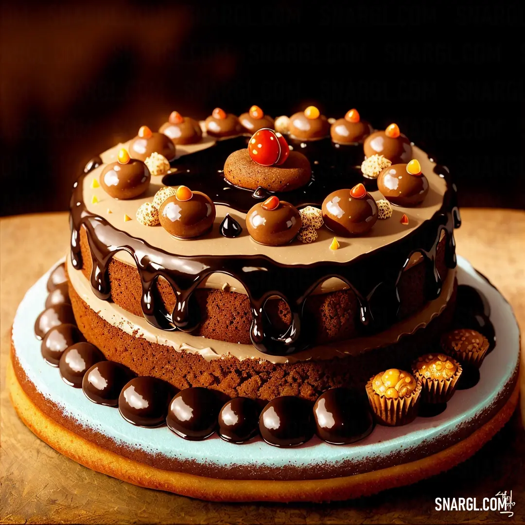 Cake with chocolate frosting and candies on a plate on a table with a wooden table top