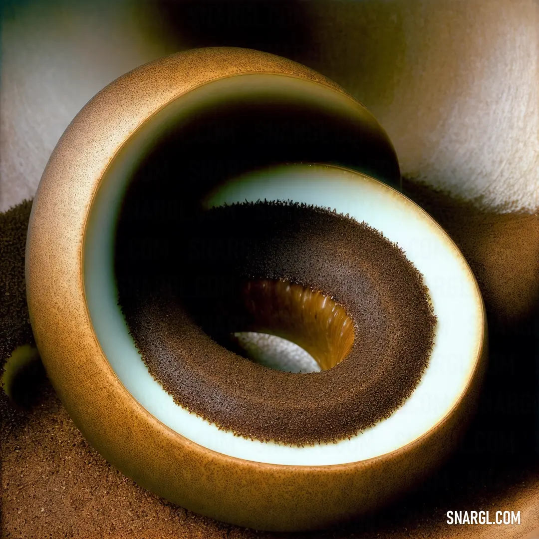 Close up of a chocolate and white object on a table with a brown cloth and a brown. Color CMYK 0,38,72,28.
