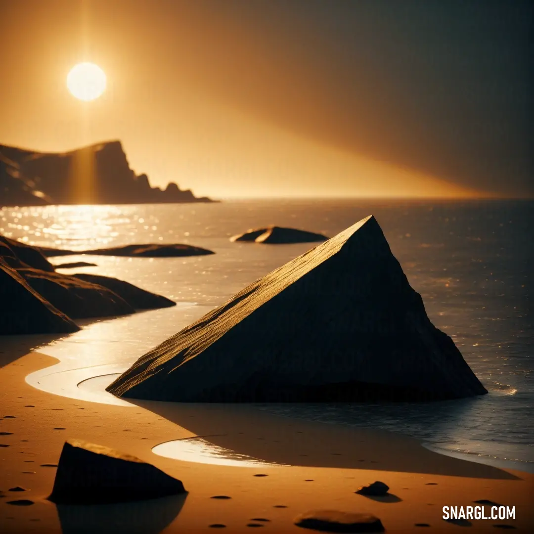 Copper color example: Rock formation on a beach with the sun setting in the background