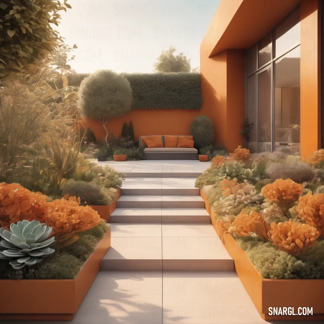 Garden with a lot of plants and flowers in it and a bench in the middle of the garden. Color Copper.