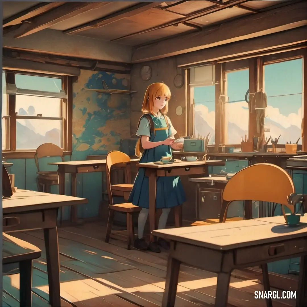 Girl is standing in a room with a table and chairs and a window in the background. Color Copper.