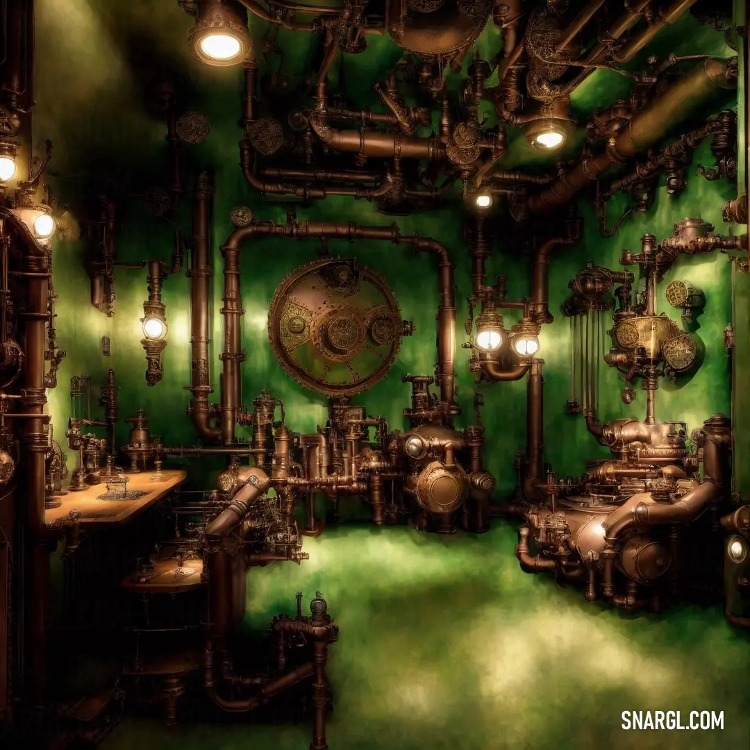 Green room with pipes and lights and a clock on the wall and a green floor